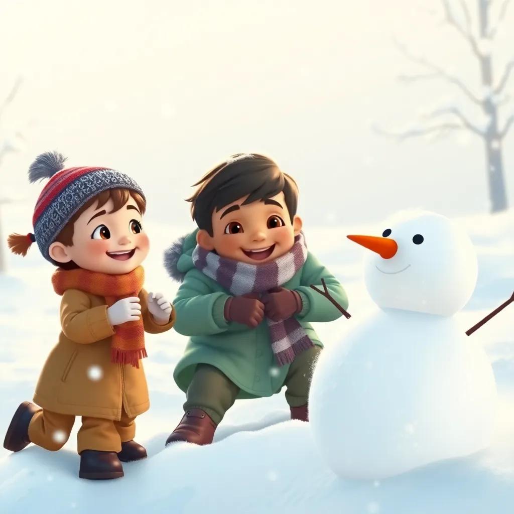 Children playing in the snow with Omar, Middle-Eastern boy, wearing a winter coat and scarf, making a snowman together, joyful expressions, digital art, snowy landscape, magical winter scene in bright colors