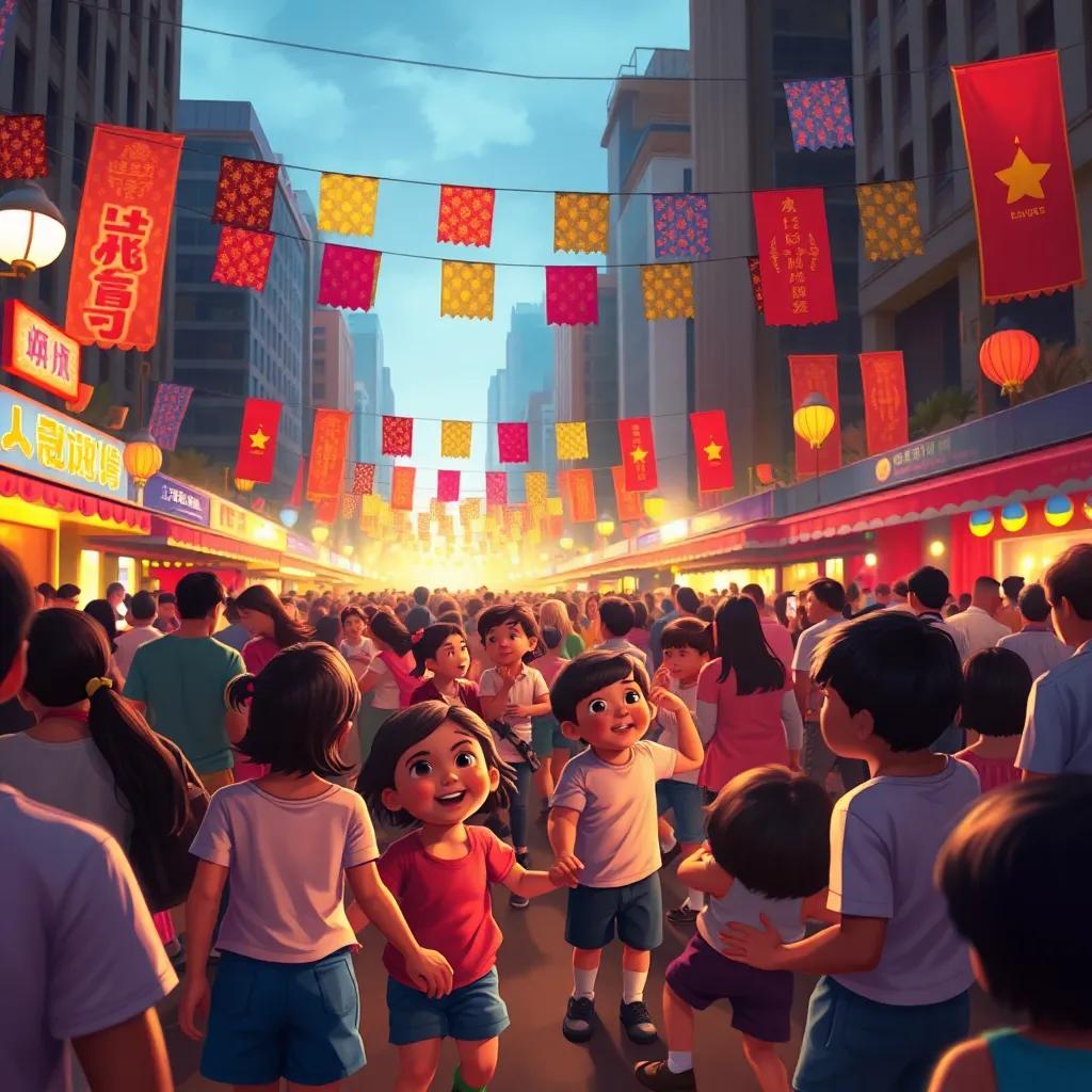A vibrant festival in a city, children dancing under glowing lights and colorful banners, lively music all around, engaging atmosphere, digital art, crowded scene, full of joy and color
