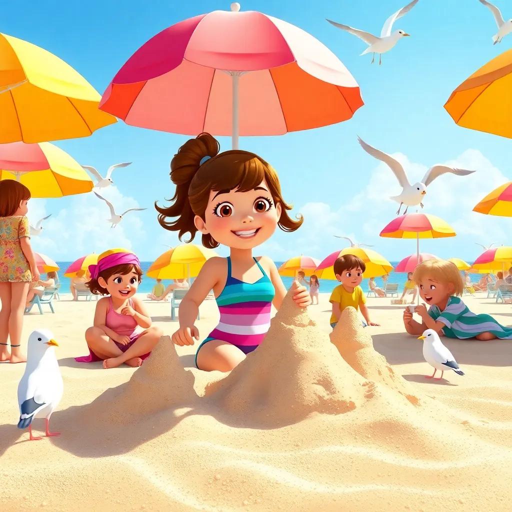 Children building sandcastles at the sunny beach with Maria, a cheerful girl wearing a swimsuit, surrounded by bright umbrellas and seagulls, summertime fun, digital painting, sunny colors, uplifting vibe