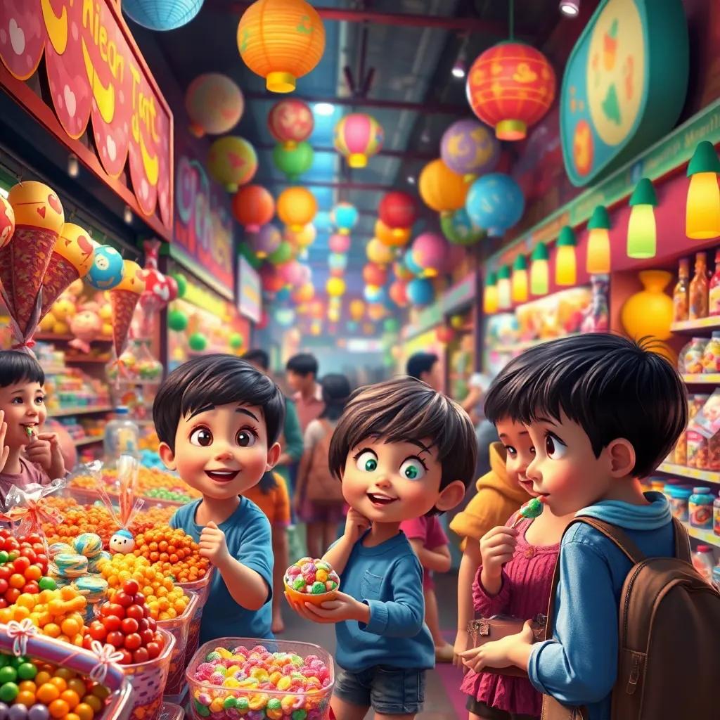 A colorful market, full of treats and toys, with children eagerly tasting candy and looking around in amazement, lively atmosphere, digital art, vibrant scene, rich details