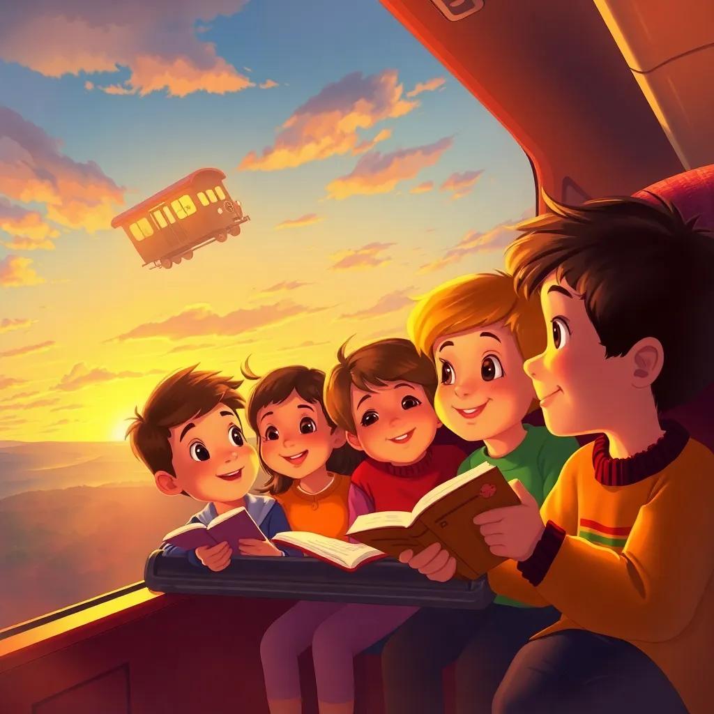Children in a train, happily looking at each other and sharing stories, with the train glowing and flying in the sunset sky, heartwarming scene, digital painting, warm colors, inviting mood