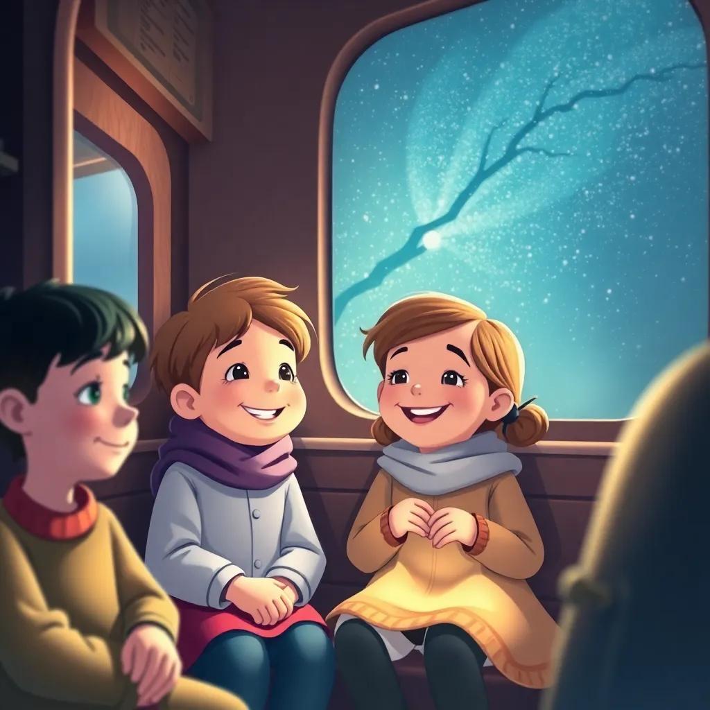 Children with happy expressions, remembering their adventure together in a magical train, deep in conversation under the starlit sky, cozy and friendly atmosphere, digital art, soft colors, dreamy vibe