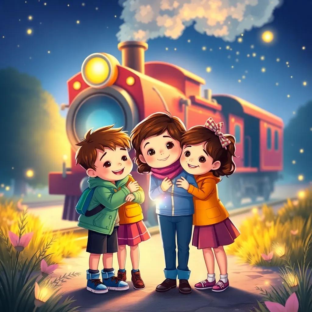 A delightful scene showing the magic of friendship and adventures, children embracing their memories together, with a shining train in the background, illustration, colorful and heartwarming, enchanting light