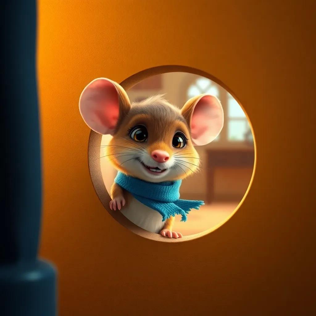 A small mouse, Miguel, with soft brown fur, wearing a tiny blue scarf, peeking out of a small hole in a wall, surrounded by a big room, warm light, cheerful colors, high quality, inviting atmosphere