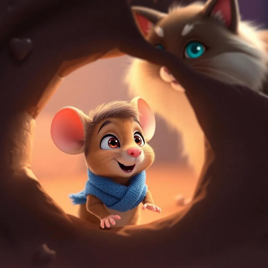 Miguel, the small mouse with soft brown fur and a blue scarf, looking scared from a hole, with a big, fluffy cat in the background, bright colors, playful setting, child-friendly
