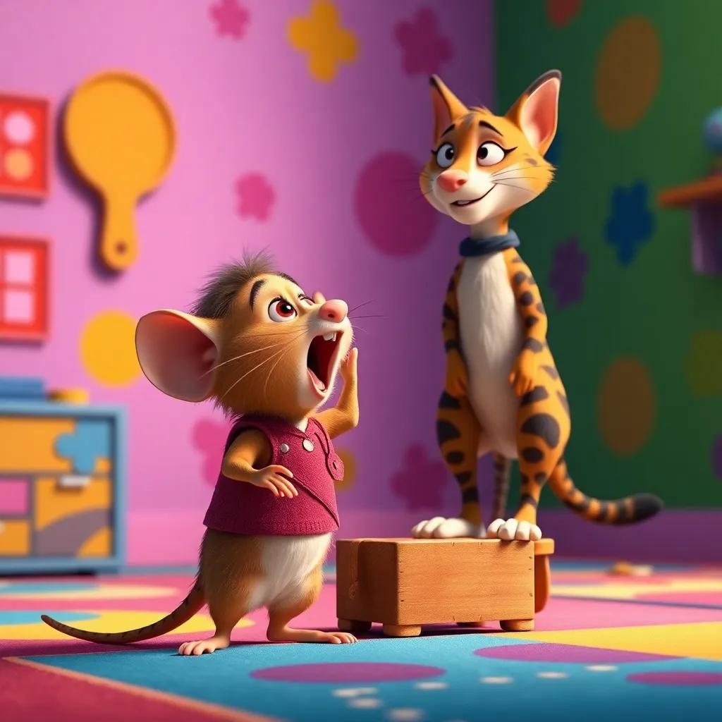 Miguel, the small mouse with soft brown fur, shouting courageously at a big cat, standing tall on a small piece of furniture, colorful room, vibrant colors, high quality