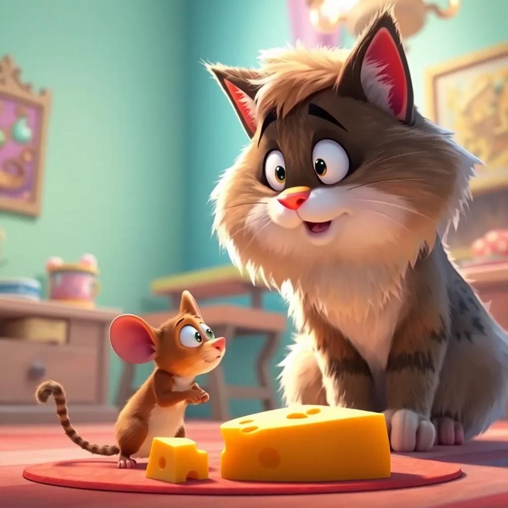 The big cat, fluffy and surprised, staring at the small mouse Miguel, with the cheese in front, bright room, whimsical style, magical setting, child-friendly