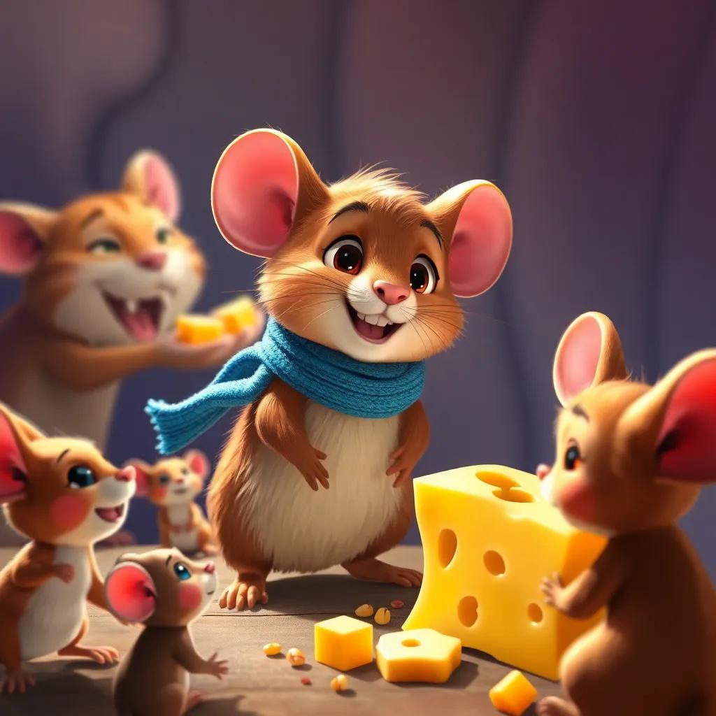 Miguel the small mouse with brown fur and a blue scarf, watching happily as the cat eats cheese, surrounded by happy mouse friends, warm and joyful atmosphere, vivid colors