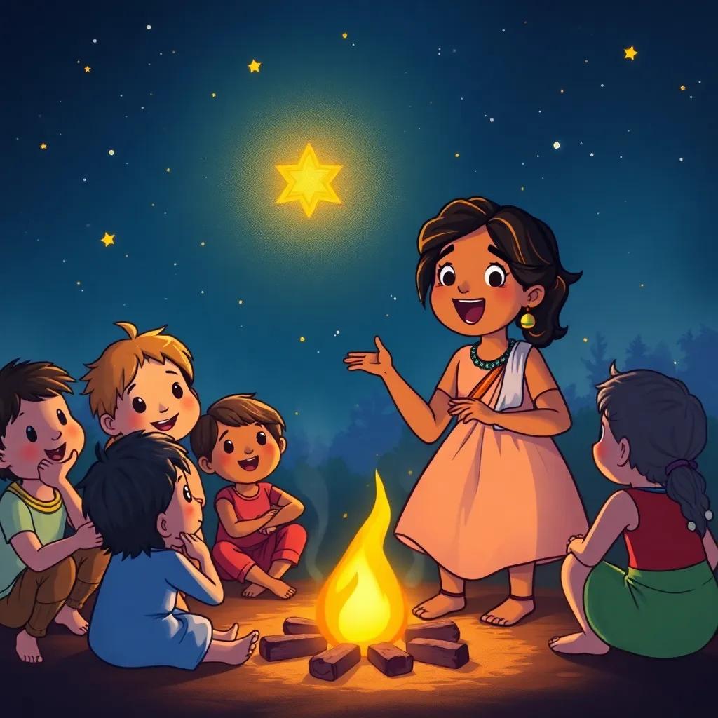 A group of children gathered around a fire under a starlit sky, with an excited young Indian girl named Leela sharing stories about Rishis, wearing a simple dress made of cotton, warm colors, night atmosphere, cheerful scene, high quality