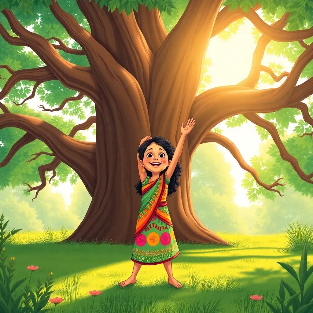 A joyful Indian girl named Leela practicing yoga under a grand banyan tree, wearing a colorful dress, stretching her arms towards the sky as her friends join her, bright morning light, vibrant colors, peaceful atmosphere, high quality