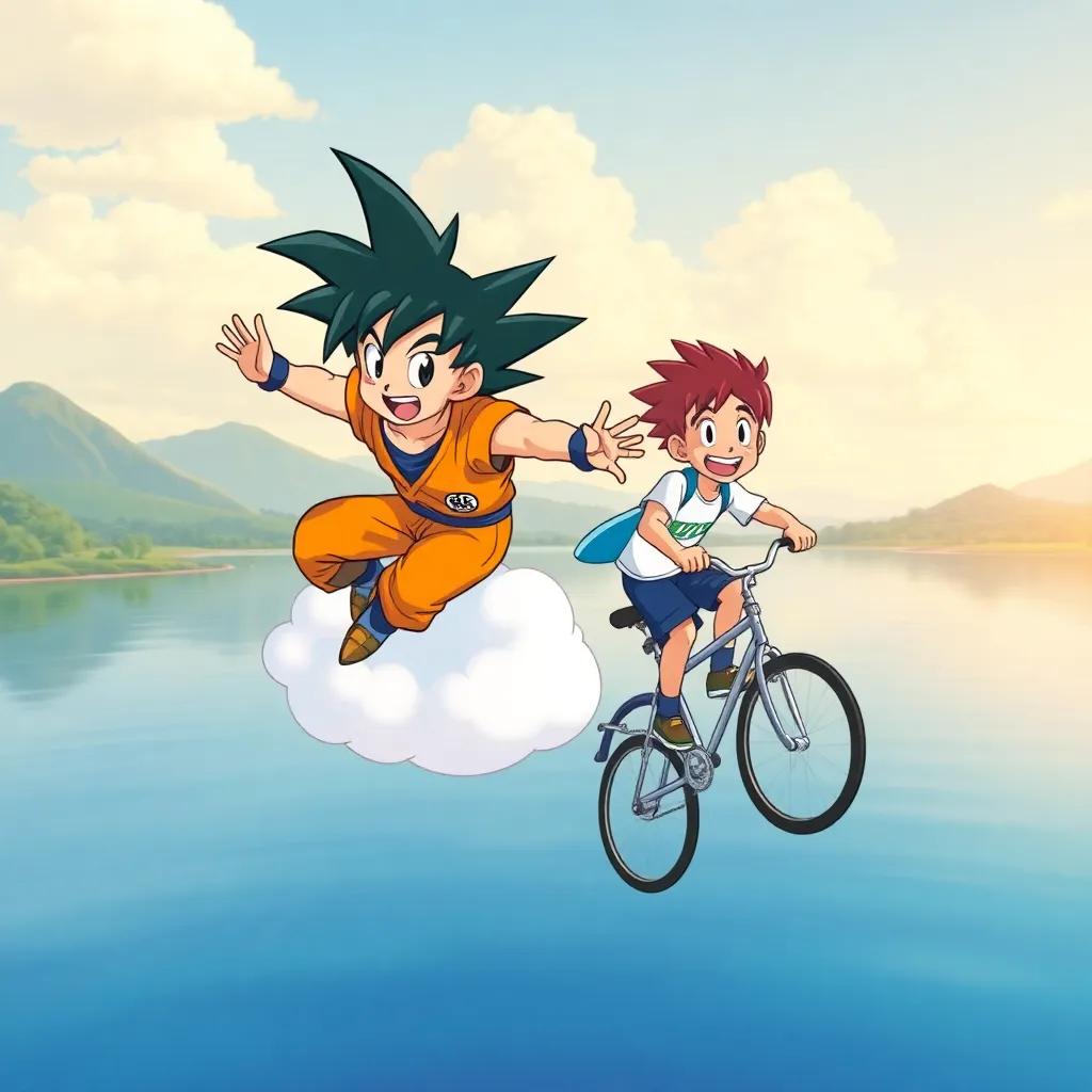Goku flying on his flying nimbus cloud, alongside Iago who is racing on his bicycle, with a beautiful lake in the background, sunny weather, cheerful, playful scene, illustration, child-friendly, high quality