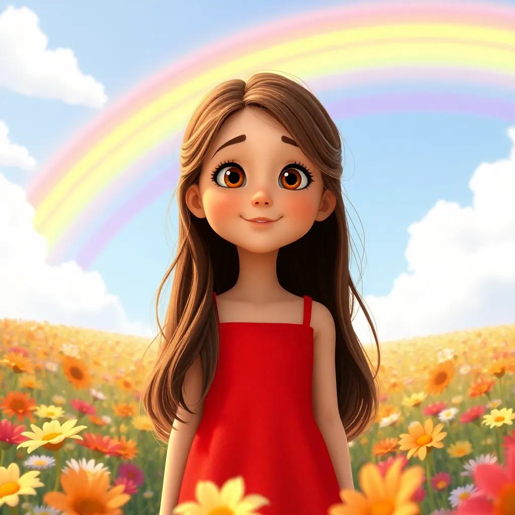 A curious girl, Valentina, with long brown hair, wearing a bright red dress, standing in a sunny field filled with colorful flowers, mesmerized by a vibrant rainbow in the sky, digital art, cheerful, warm colors, inviting atmosphere, high quality