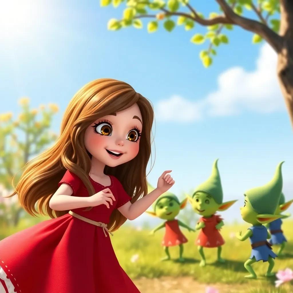 Valentina, a curious girl with long brown hair, wearing a bright red dress, dancing with small green elves wearing pointed hats in a sunny clearing, joyful, magical scene, vibrant colors, whimsical, high quality