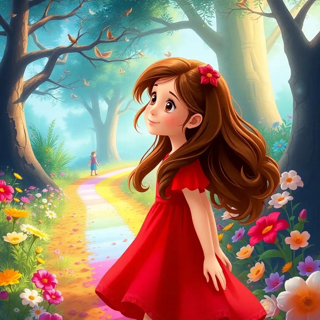 Valentina, a curious girl with long brown hair in a bright red dress, following a bright rainbow path surrounded by enchanted flowers and trees, filled with wonder, vivid art, magical atmosphere, high quality