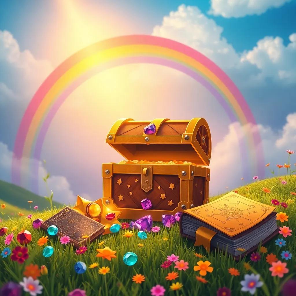 A golden treasure chest at the end of a bright rainbow, surrounded by colorful jewels, a star map, and a magical book, in a vibrant meadow, whimsical, fantasy scene, colorful, high quality