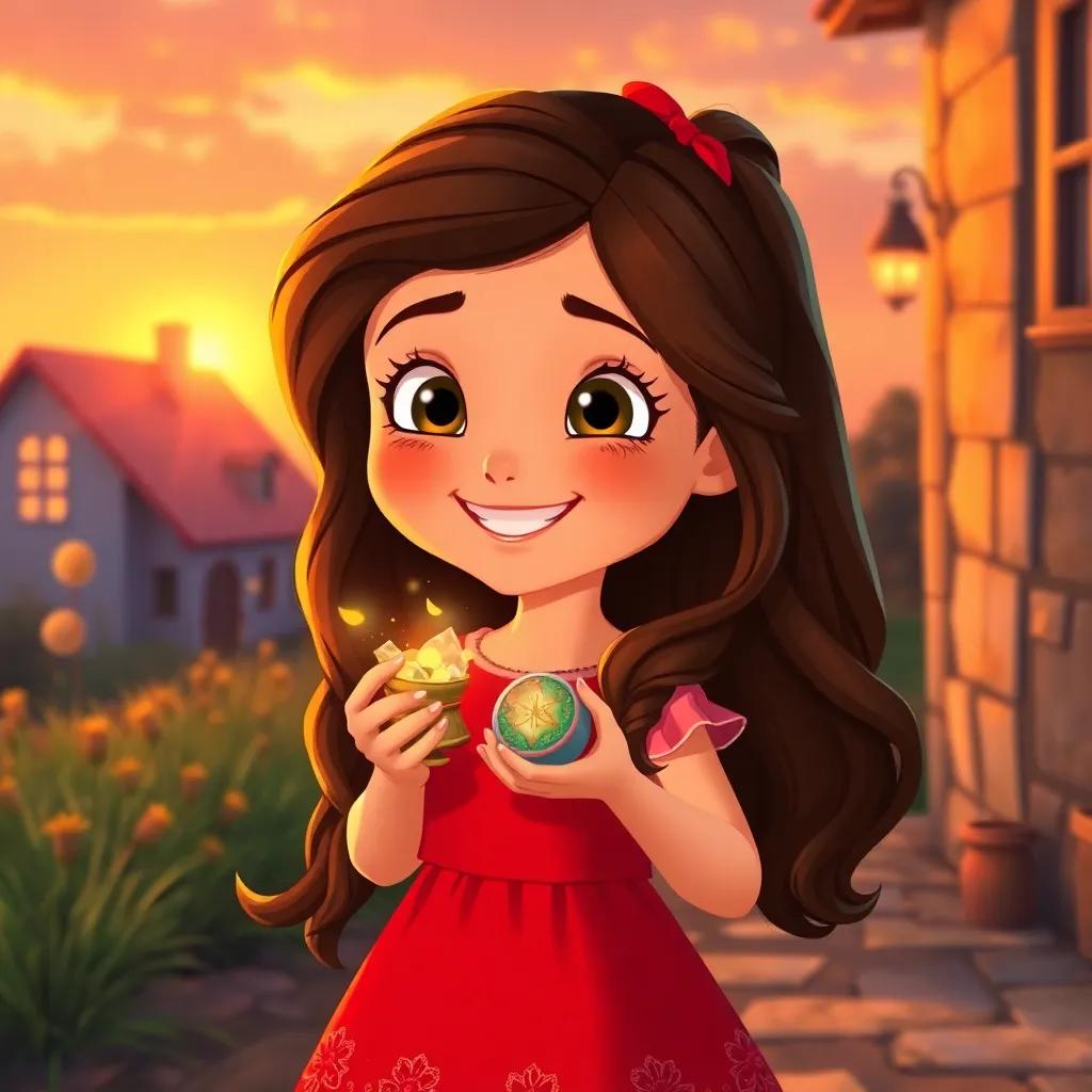 Valentina, a curious girl with long brown hair in a bright red dress, smiling joyfully as she returns home at sunset, holding the magical treasures from her adventure, warm colors, heartwarming atmosphere, high quality