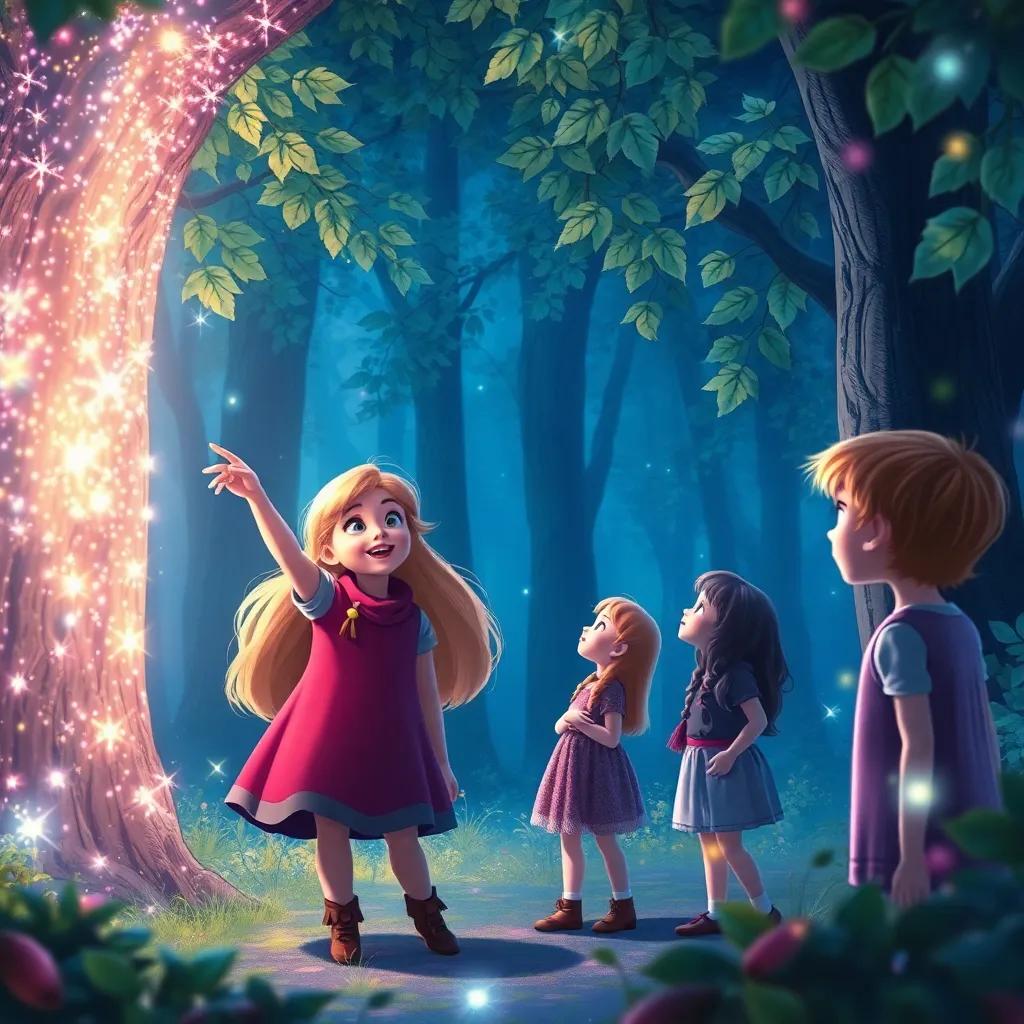 A group of children in a magical forest, Clara pointing with excitement at a shiny tree, surrounded by shimmering leaves and sparkling light, digital art, vibrant colors, whimsical atmosphere, high quality
