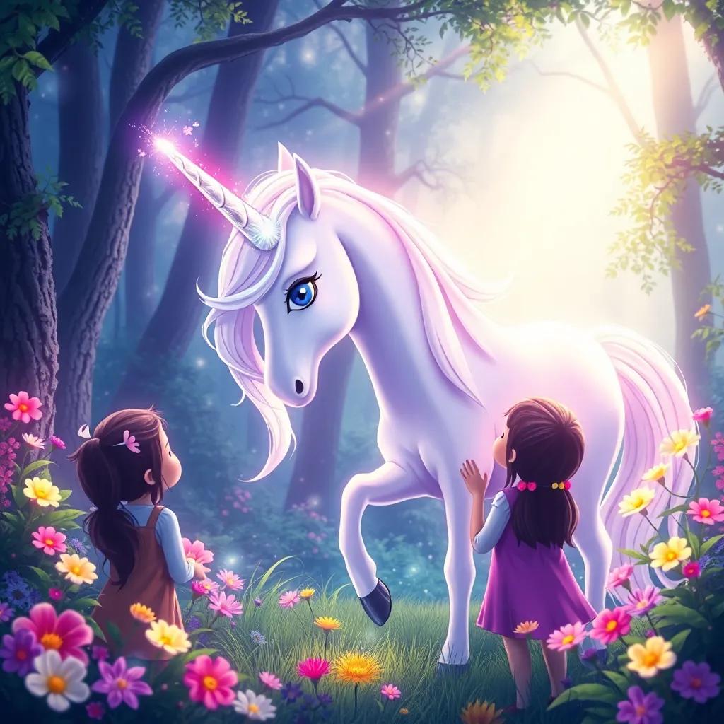 A beautiful unicorn named Lumen with a radiant horn and sparkling eyes, speaking to the children in a magical forest, vibrant flowers around, enchanting light, child-friendly, dreamlike