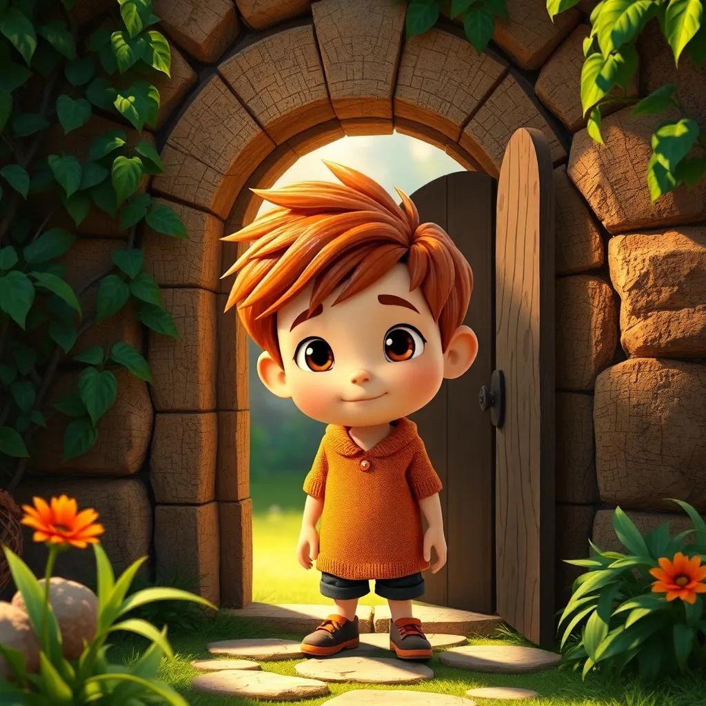 Un niño, Mateo, con cabello castaño y ojos brillantes, abriendo una puerta antigua cubierta de hiedra en su jardín, encantador, mágico, soleado, digital art, warm colors, inviting atmosphere, high quality