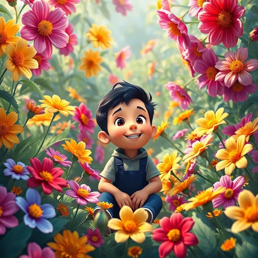 Mateo en un jardín mágico, rodeado de flores grandes y brillantes de todos los colores, con flores que hablan, digital painting, vibrant colors, cheerful atmosphere, high quality