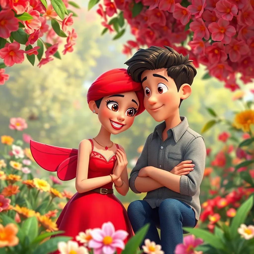 Rosita, una flor roja con pétalos suaves, hablando con Mateo, quien la escucha con atención, en un jardín lleno de flores, detailed digital art, bright colors, engaging mood