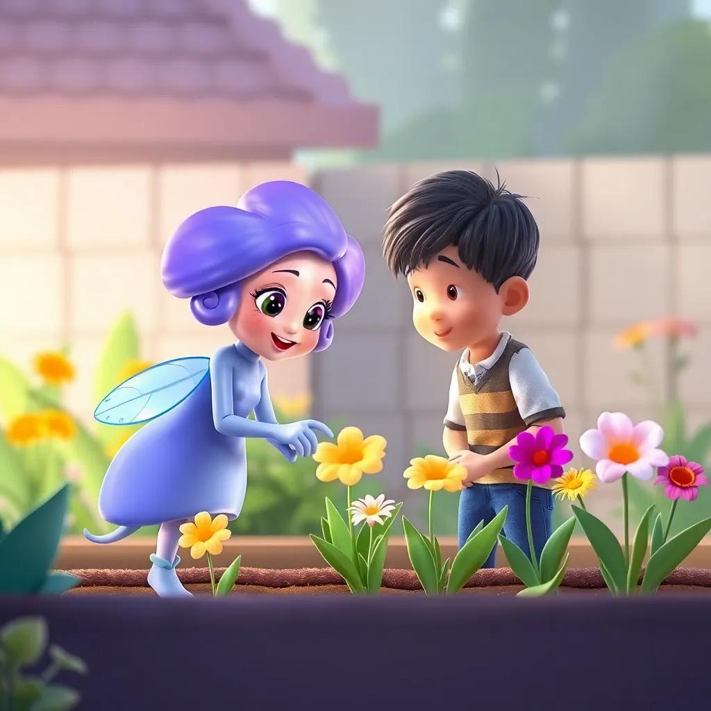 Lila, una flor azul, mostrando a Mateo cómo regar las flores en el jardín, mientras otras flores cantan, illustration, colorful, friendly, child-friendly, high quality