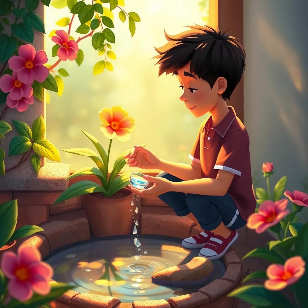 Mateo cuidando a Marchita, una flor marchita en un rincón del jardín, le da agua con amor, en un entorno luminoso y lleno de color, digital painting, warm atmosphere, uplifting