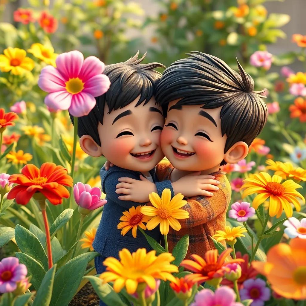 Mateo abrazando a sus nuevas amigas, las flores, en un jardín lleno de vida y color, sonrisas y alegría, digital art, harmonizing colors, happy scene, high quality
