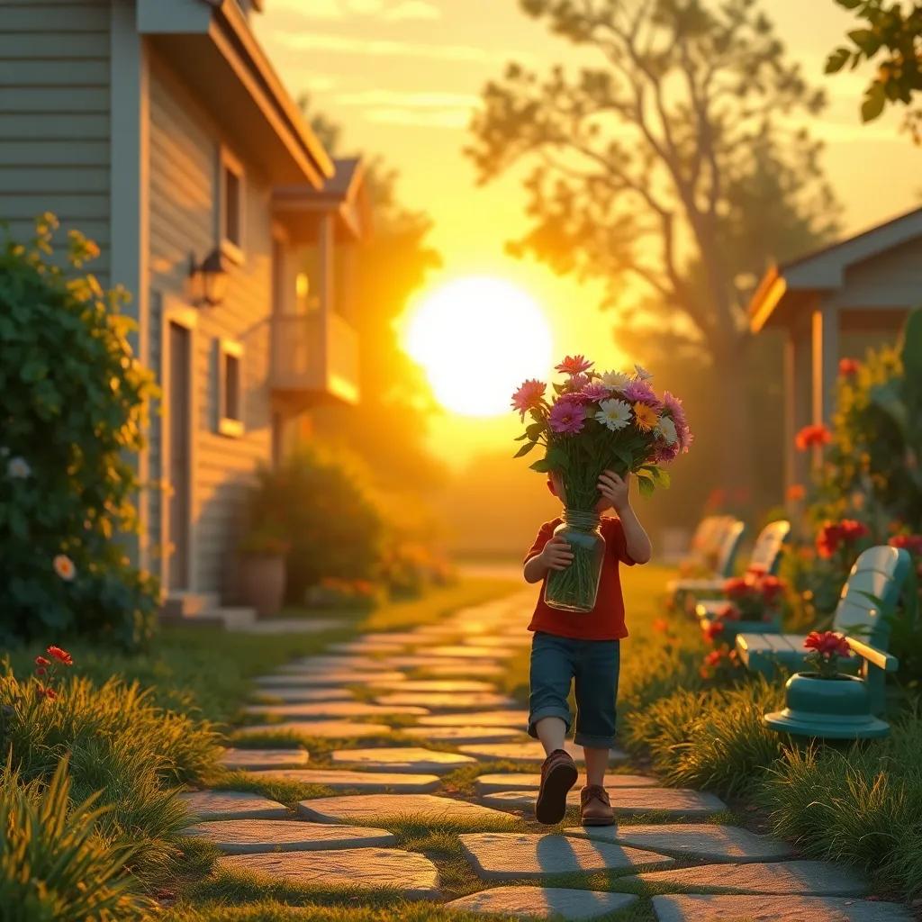 Mateo regresando a casa, con el sol poniéndose detrás de él, llevando un jarrón de flores del jardín mágico, golden light, heartwarming, peaceful scene, high quality