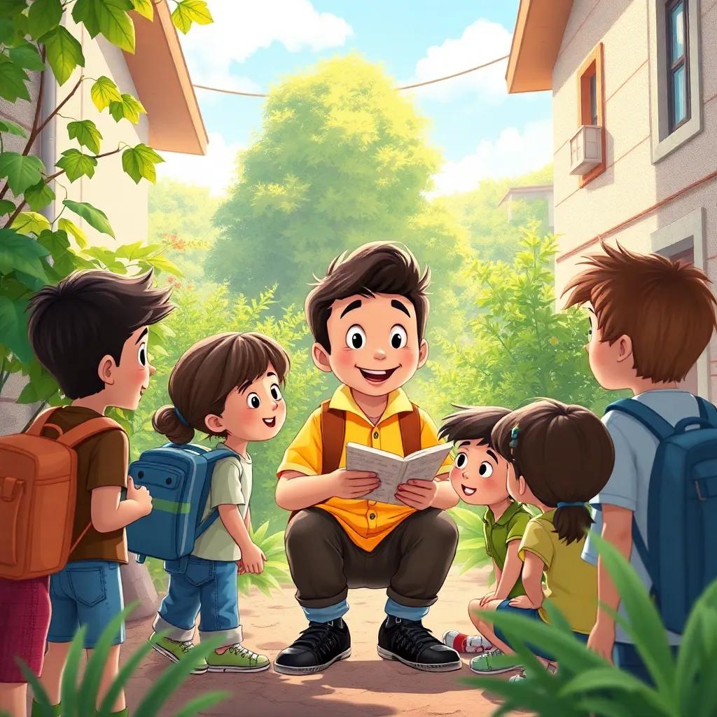 Mateo compartiendo lo que aprendió sobre la naturaleza con niños en su vecindario, una escena alegre y amistosa, illustration, colorful, engaging atmosphere, high quality