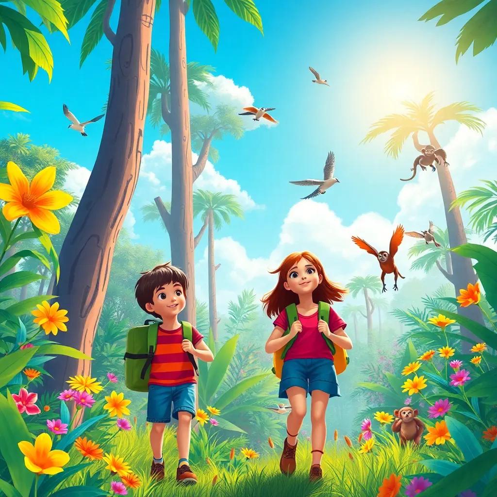 A bright sunny day in the jungle with tall trees and colorful flowers, Juan and Ana, two brave children, exploring with a backpack, birds singing and monkeys jumping around, vibrant colors, cheerful atmosphere, high quality