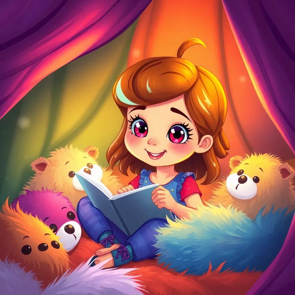 Julieta, una niña creativa con cabello rizado y ojos brillantes, en su habitación llena de colores, rodeada de sus peluches, planificando una aventura mágica, digital art, vibrante atmosphere, cheerful colors, focus on joy, high quality