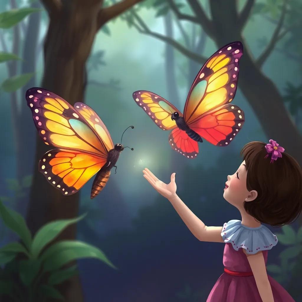 Una mariposa mágica colorida volando cerca de Julieta, con un fondo de bosque, Julieta emocionada extiende su mano hacia ella, digital painting, vivid colors, enchanting scene, engaging perspective