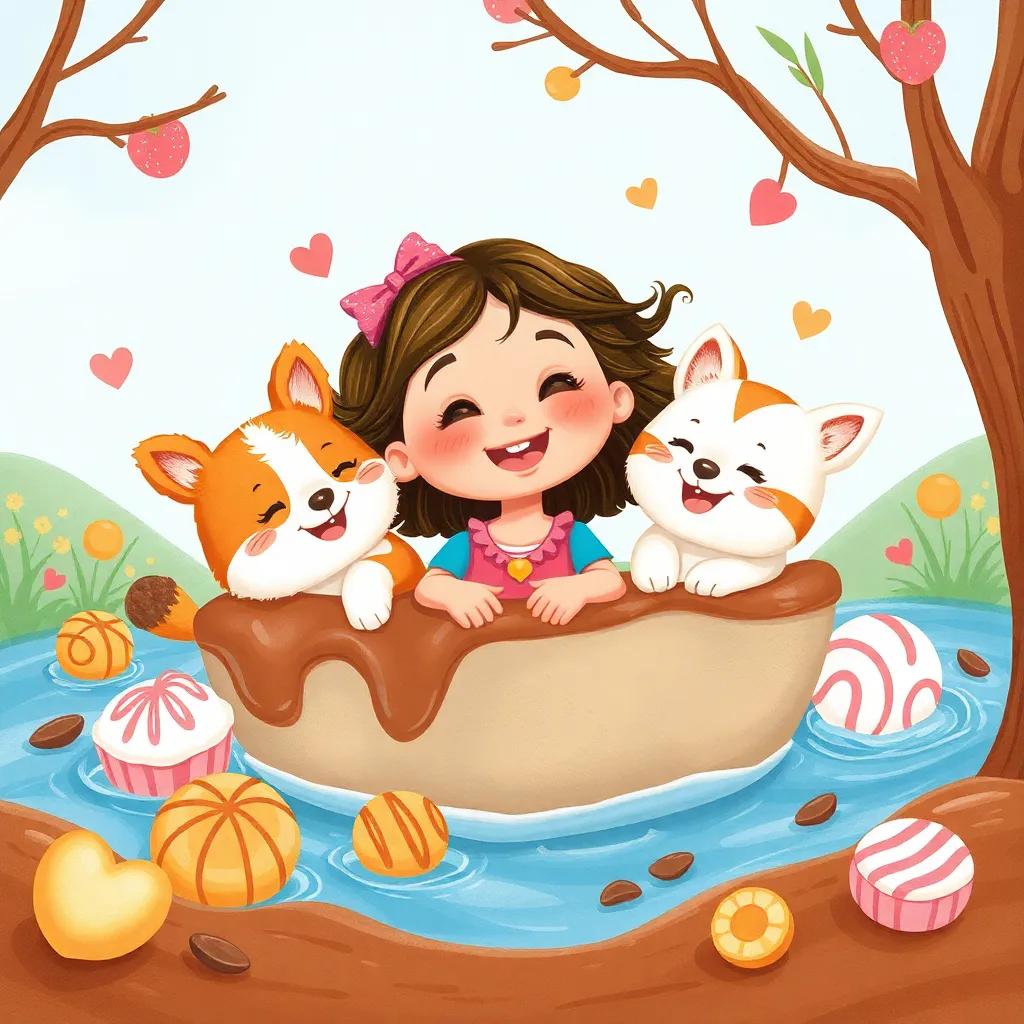 Julieta y sus peluches en un río de chocolate, sonriendo y jugando, rodeados de un paisaje de dulces, illustration, joy and laughter, inviting colors, child-friendly