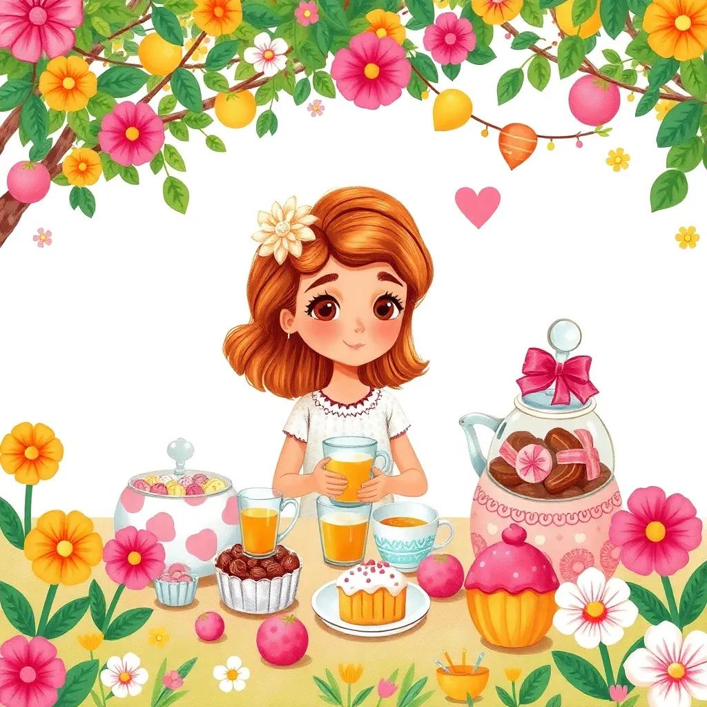 Julieta, una niña creativa con cabello rizado, organizando una fiesta de té en un jardín de dulces, riendo con sus peluches y flores cantando, cheerful, colorful, festive atmosphere