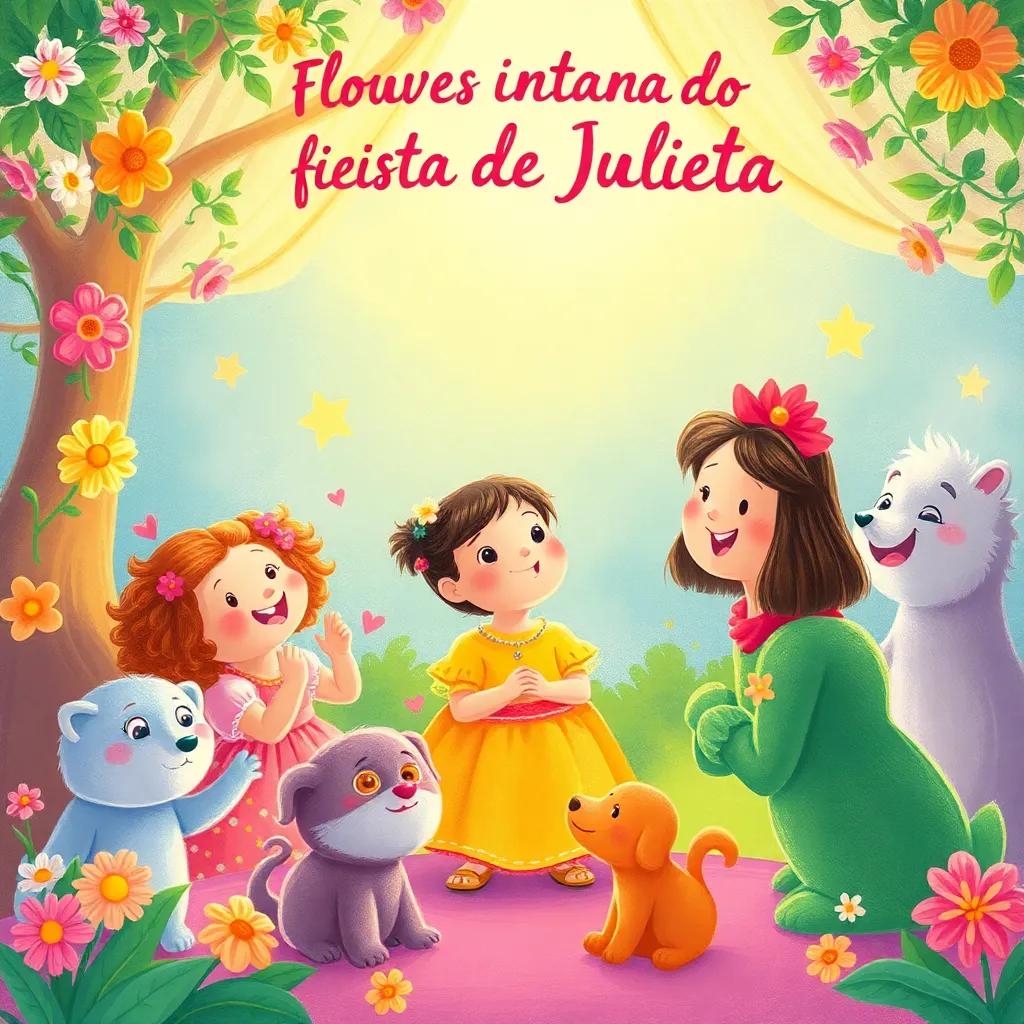 Flores cantando alegremente en la fiesta de Julieta, con Julieta y sus peluches disfrutando y riendo, bright colors, happy scene, engaging atmosphere, child-friendly
