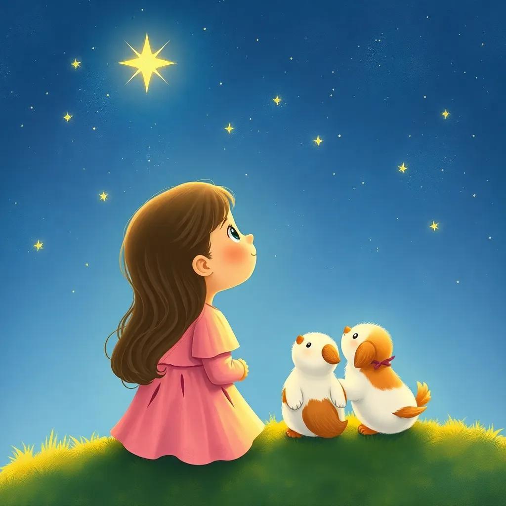 Julieta y sus peluches mirando al cielo estrellado mientras se preparan para regresar, con un aire de nostalgia pero feliz, illustration, soft colors, warm light, magical feeling