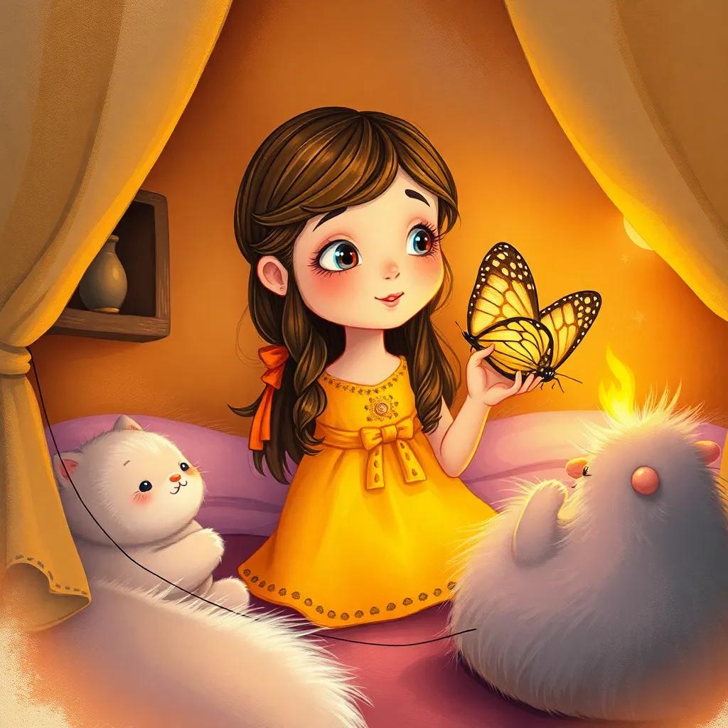 Julieta, una niña creativa con cabello rizado, despidiéndose de la mariposa mágica en su habitación, con sus peluches alrededor, warm atmosphere, dreamy colors, focus on imagination