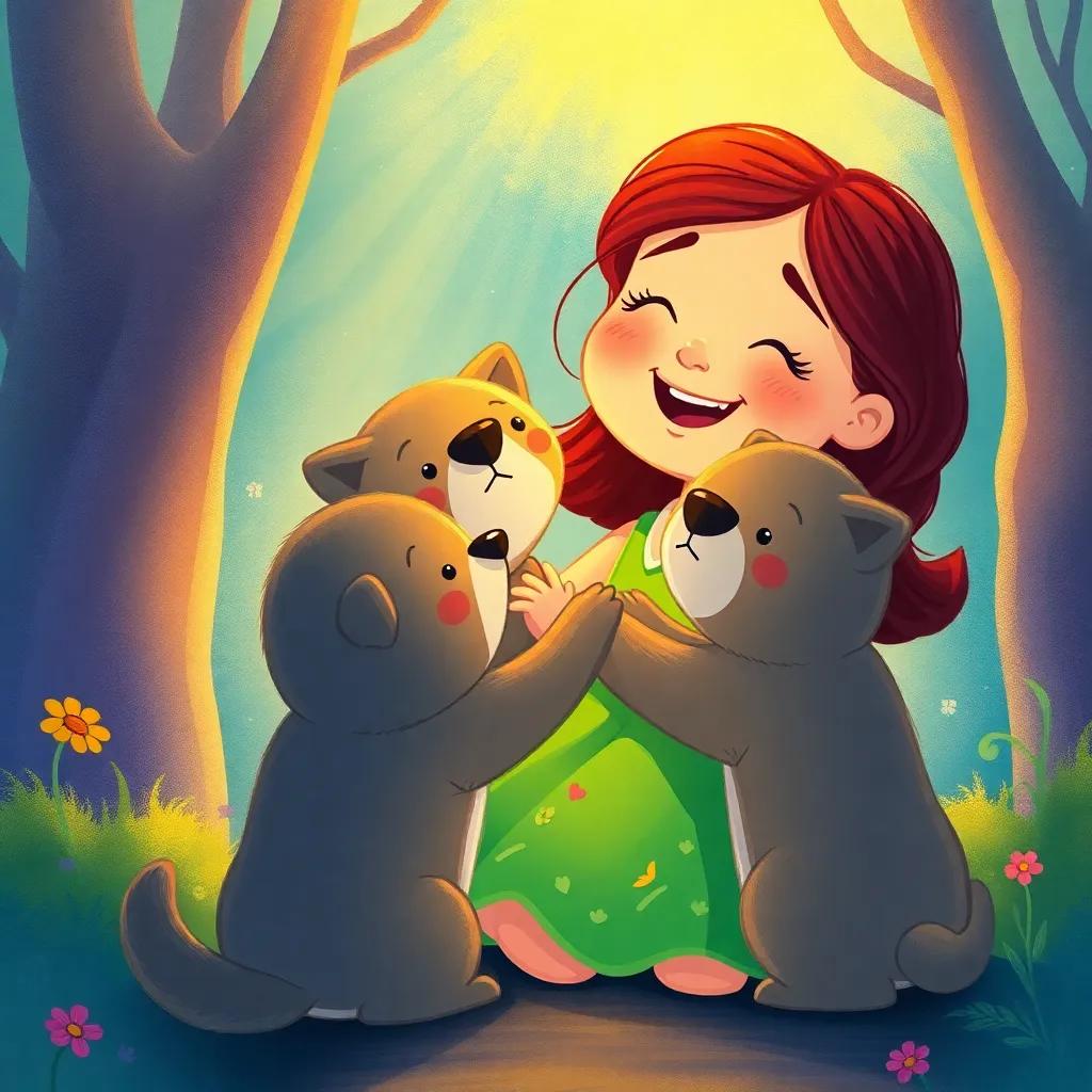 Julieta sonriendo y abrazando a sus peluches al final de su aventura, en un ambiente iluminado y acogedor, illustration, heartwarming scene, vibrant colors, uplifting