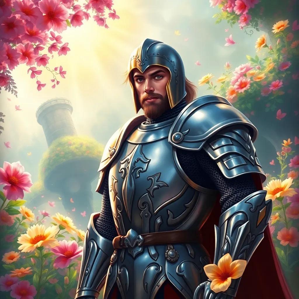 A brave knight, Lancelot, with shiny armor and a determined expression, standing in a colorful magical kingdom with flowers singing and sunlight shining, digital art, vibrant colors, enchanting atmosphere, high quality