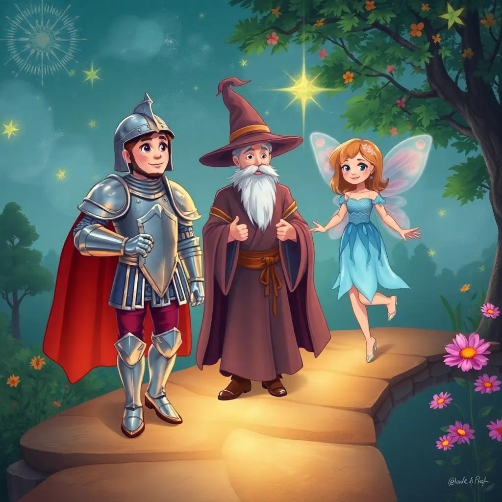 Lancelot, a brave knight, in shiny armor, Dentroi an astute wizard with a flowing robe and waiting for magic to happen, and Britti, a sweet fairy with butterfly wings, crossing a glowing bridge of light with trees and talking flowers nearby, illustration, cheerful, adventure-themed, high quality