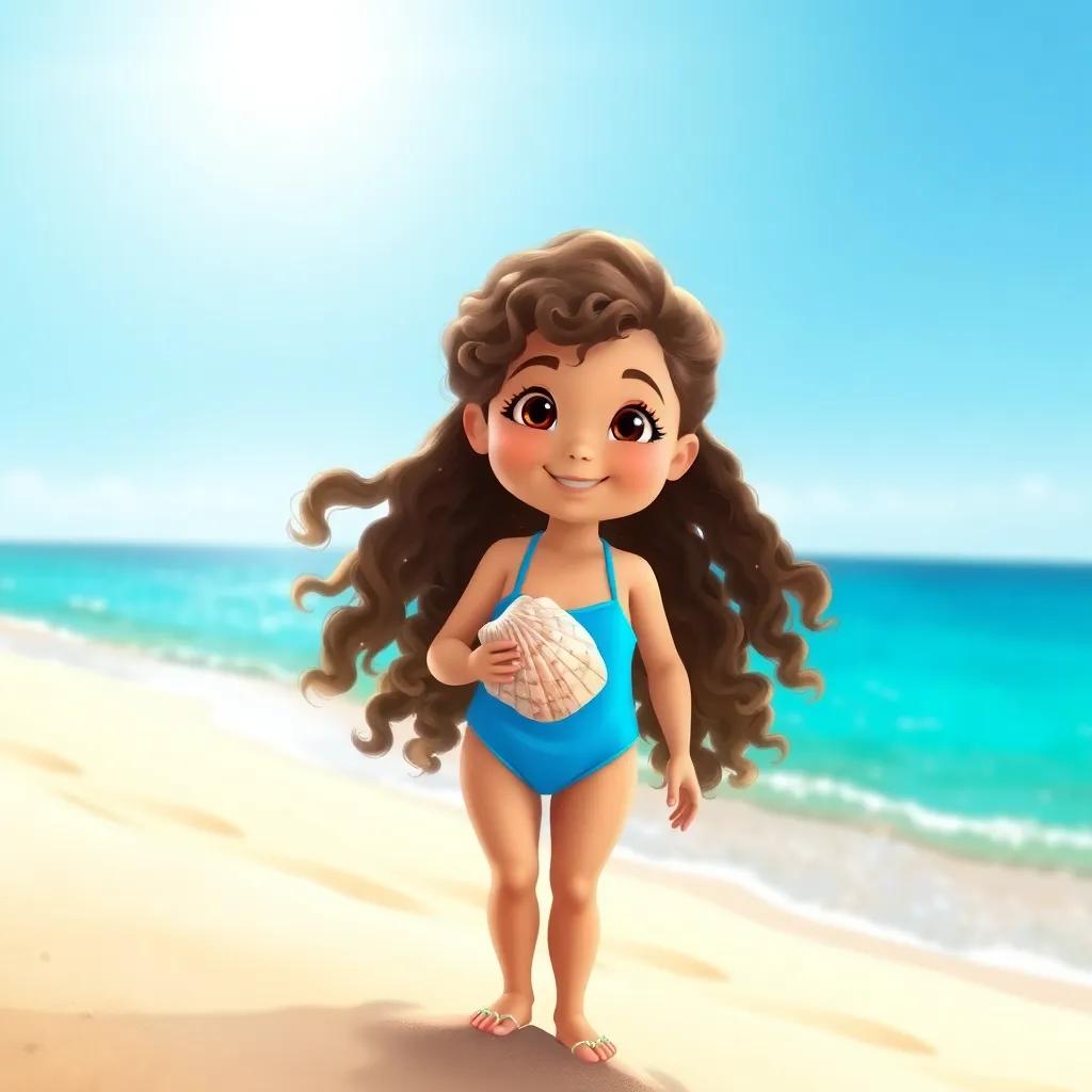 A young girl, Valeria, with curly brown hair, wearing a bright blue swimsuit, standing on a sandy beach with a shiny conch shell in her hands, under a bright sun, cheerful atmosphere, digital art, colorful and vibrant, high quality