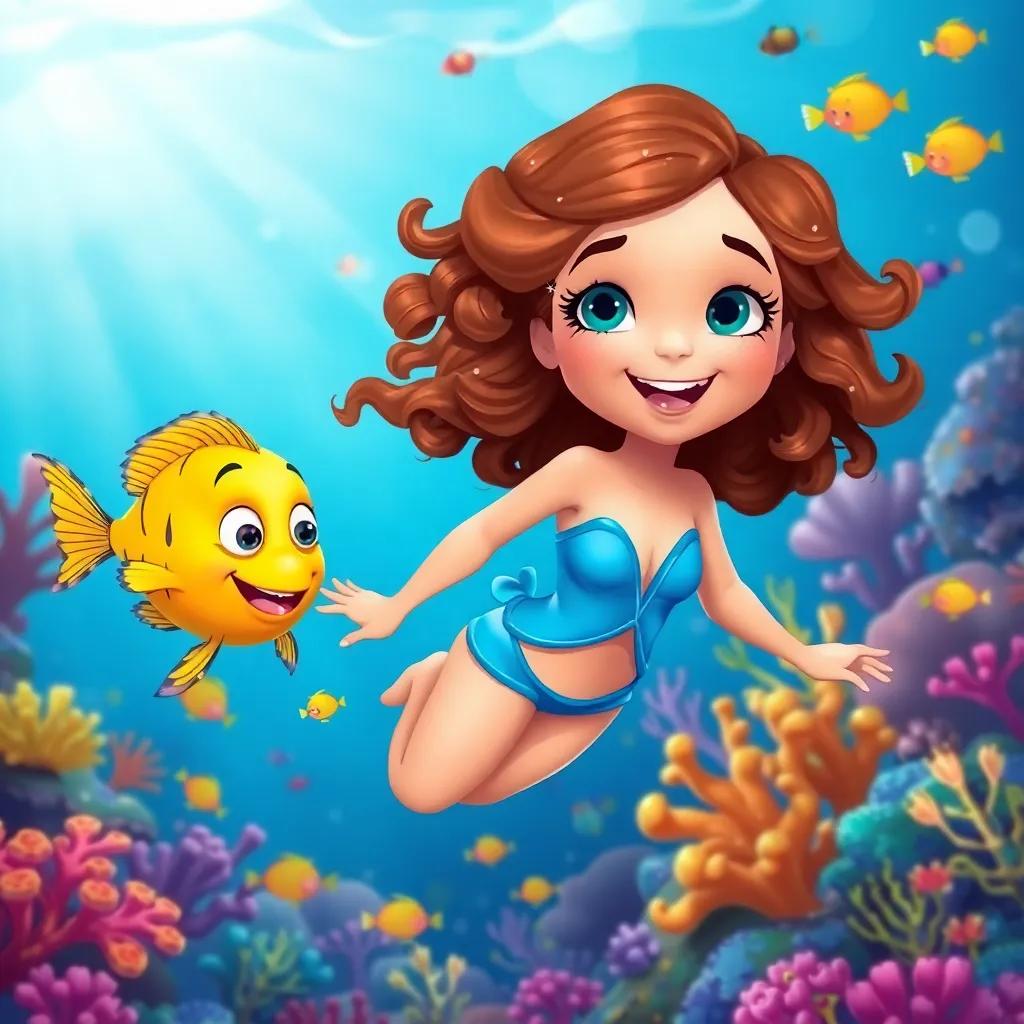 Valeria, with curly brown hair in a bright blue swimsuit, swimming with a golden fish named Dori in colorful underwater reef, surrounded by vibrant corals and cheerful fish, illustration, magical and lively, child-friendly