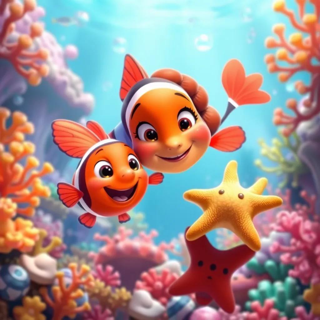 Underwater scene with Valeria, her new friends, a pufferfish and a starfish, playing among colorful coral reefs, bright colors, joyful atmosphere, digital painting, happy and inviting