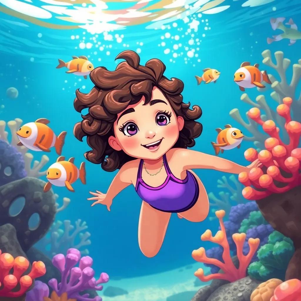 Valeria, a young girl with curly brown hair in a swimsuit, training with her friends underwater, practicing swimming and hiding among corals, illustration, energetic, vibrant colors, child-friendly
