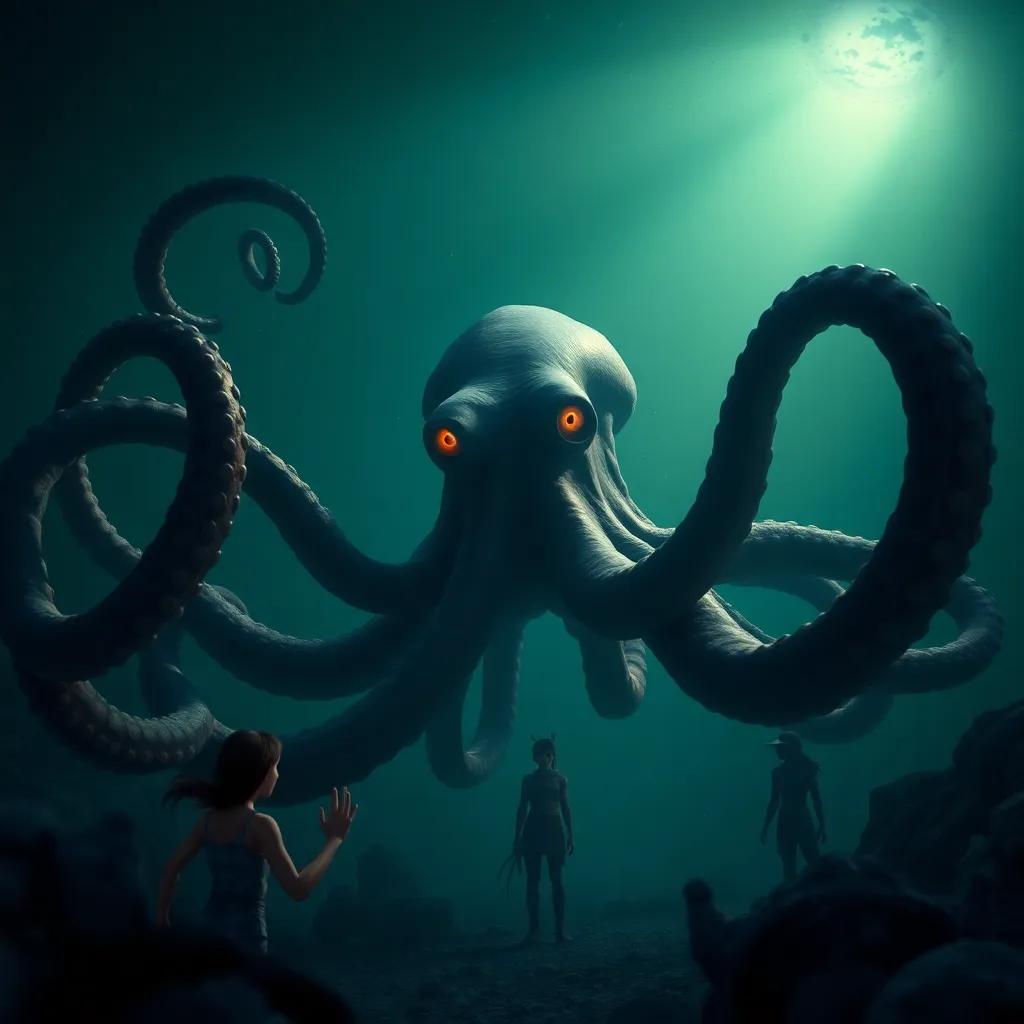A menacing octopus named Thrax with giant tentacles in a dark underwater scene, approaching Valeria and her friends, dramatic lighting, tense atmosphere, high quality, detailed