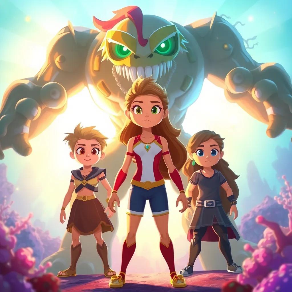 Valeria, standing bravely before Thrax, her friends surrounding her in a protective stance, bright underwater background, shining courage in their eyes, illustration, inspiring and brave, colorful