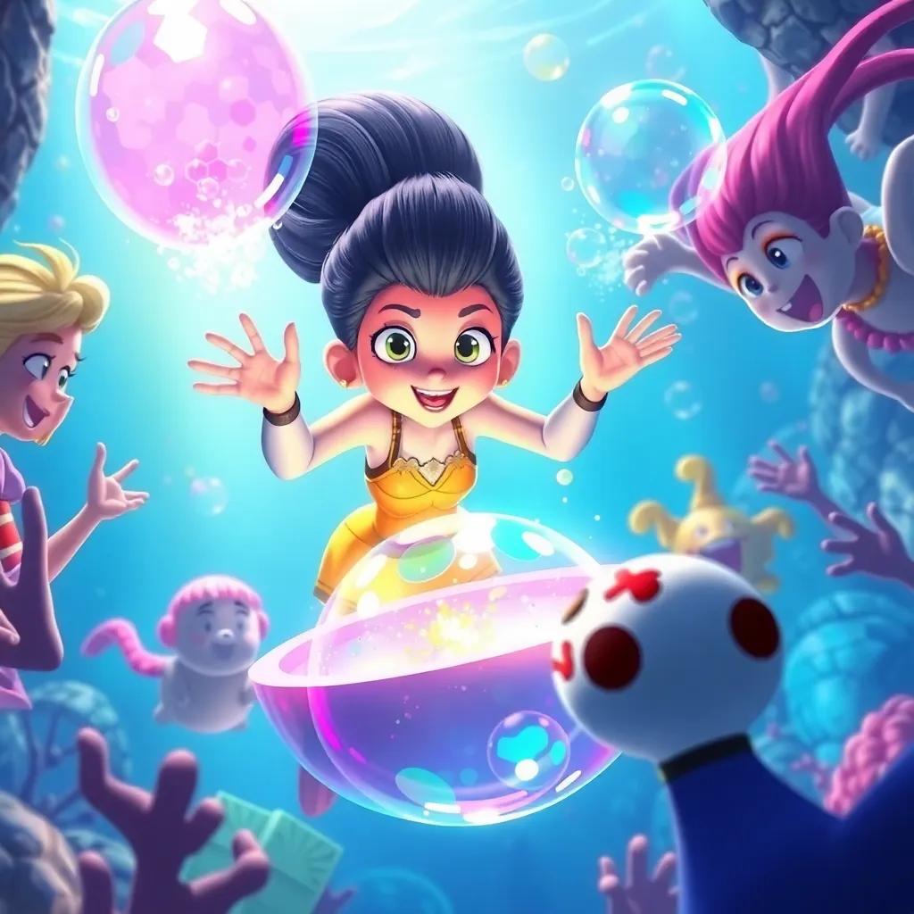 Valeria using her intelligence to create a magical bubble trap for Thrax, surrounded by her cheering friends, bright underwater colors, exciting and dynamic, digital art, vibrant
