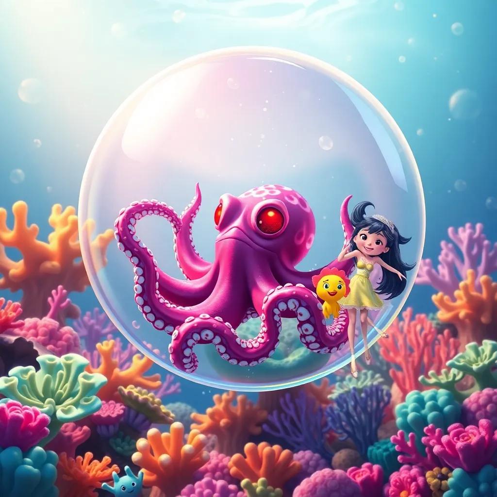 Thrax the octopus trapped in a magical bubble with Valeria and her friends rejoicing around, colorful coral reef, joyful celebration, high quality, bright and fun