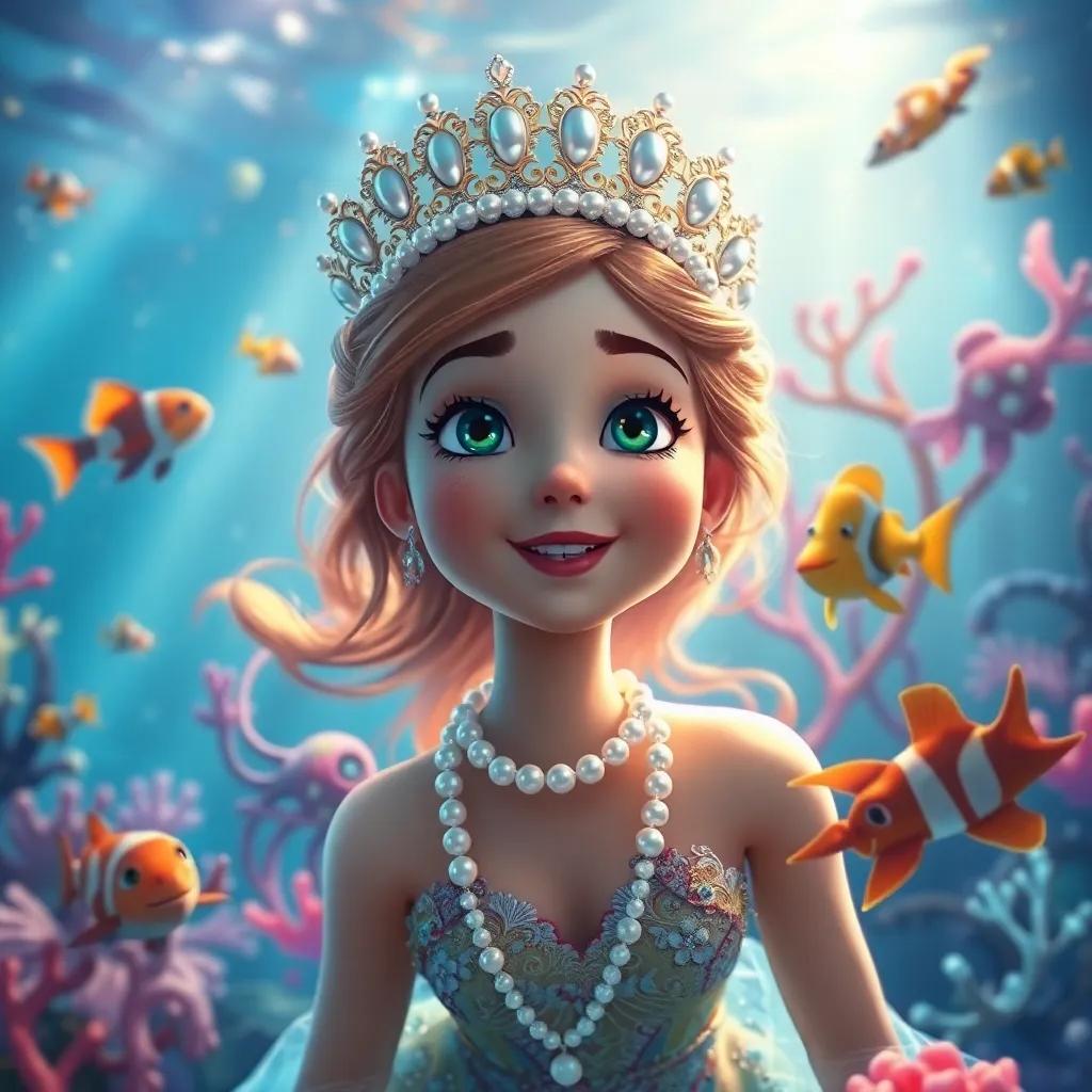 Valeria, now a queen of the underwater kingdom, wearing a crown made of pearls, surrounded by colorful marine life celebrating, radiant colors, beautiful atmosphere, digital painting, fantasy and magic